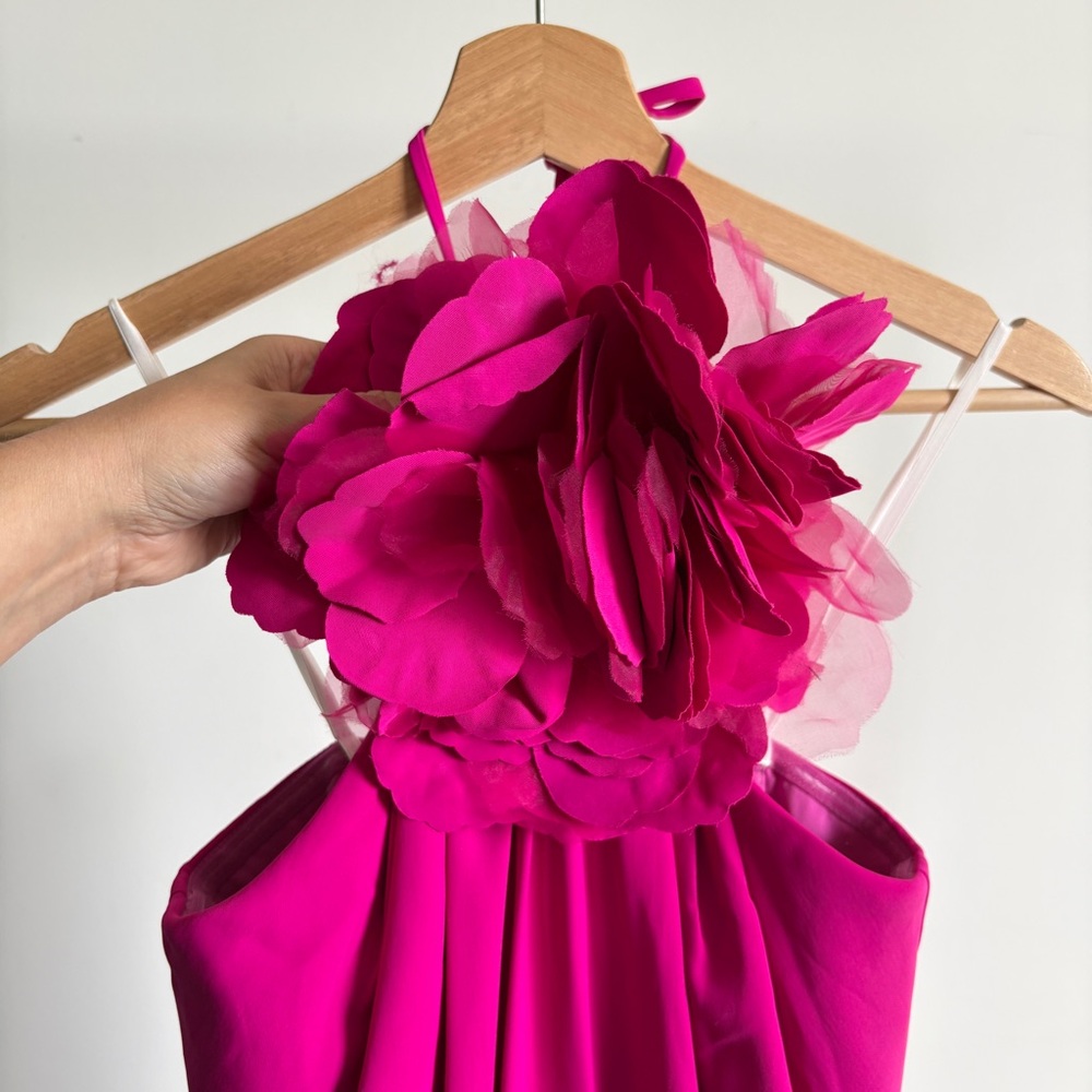 Halston Heritage Hot Pink Halter Maxi Dress with Floral Neck Detail - Picture 7 of 16